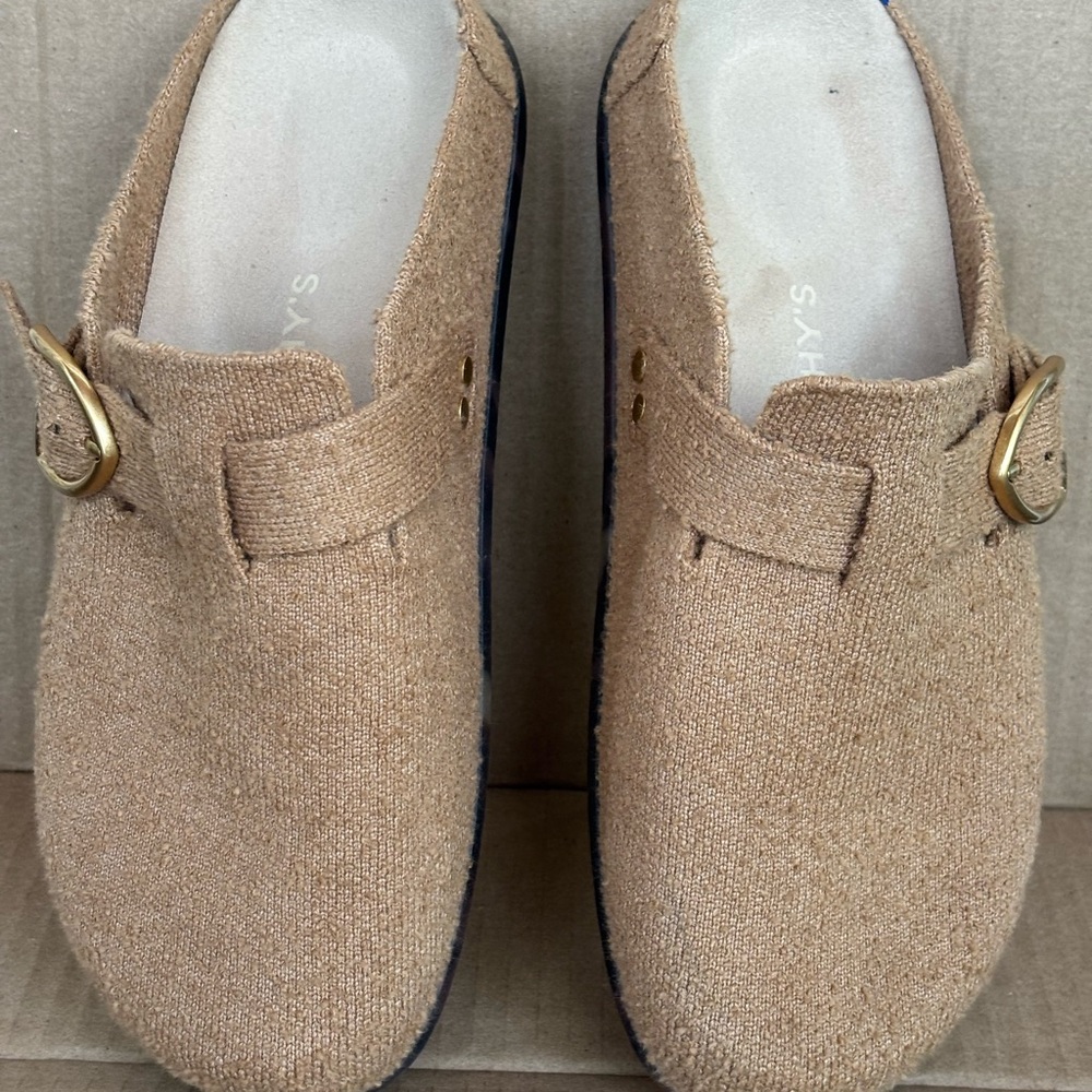 Rothy's Tan Mules with Gold Buckle